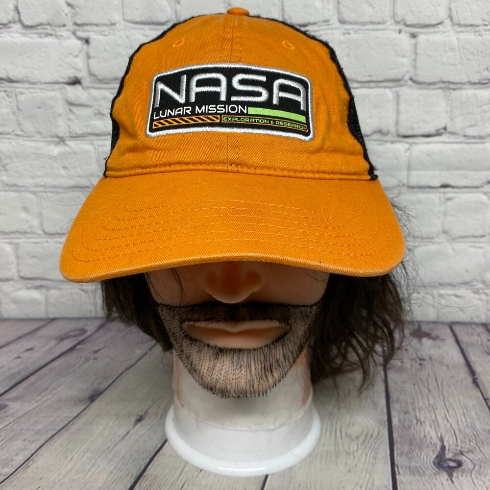 NASA Lunar Mission Trucker hat Mesh Cap Strap Back Orange Black Mad Engine